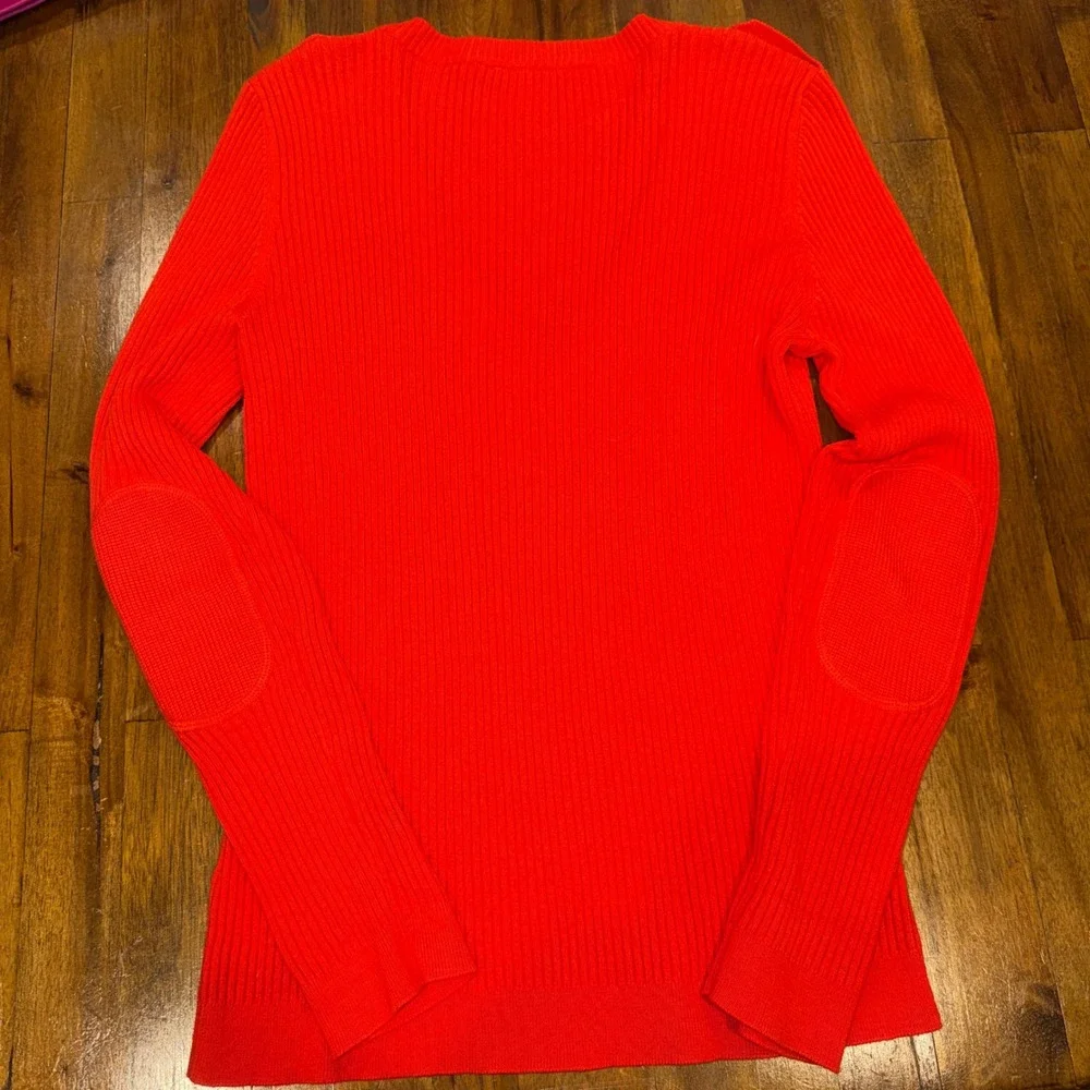 Tory Burch Orange Cashmere Ribbed V-Neck Sweater Elbow Patches Gold Button Large